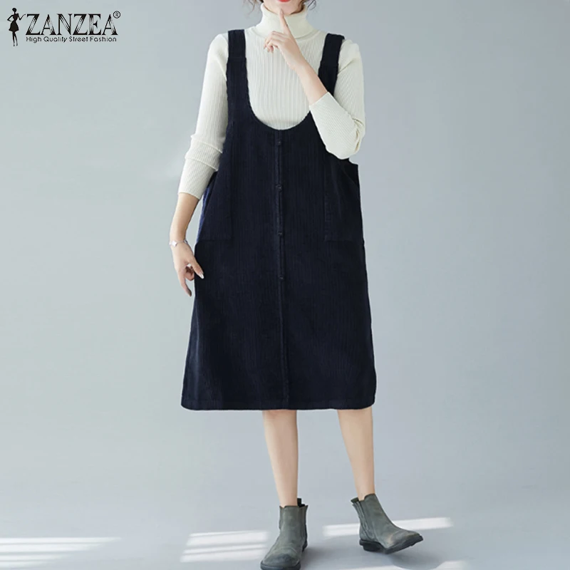 

ZANZEA Women Vintage Sleeveless Button Straps Suspenders Baggy Street Dress Fashion Corduroy Sundress Party Kaftan Robe Oversize