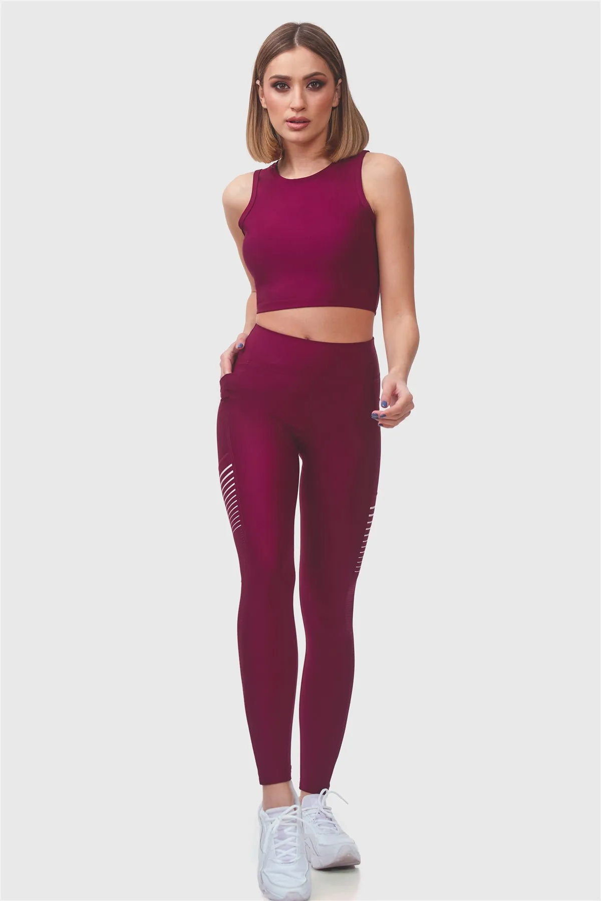 Superstacy Laser Cut Pocket High Waist Burgundy Sports Leggings