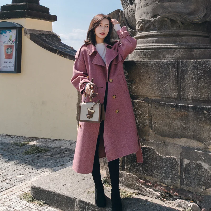 Женское офисное длинное шерстяное пальто однотонное облегающее двубортное