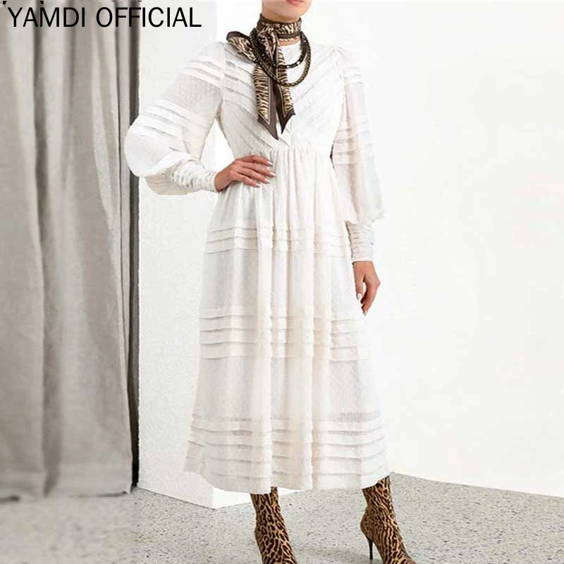 Фото Женское платье с поясом YAMDI однотонное белое дизайнерское миди длинным рукавом(Aliexpress на русском)