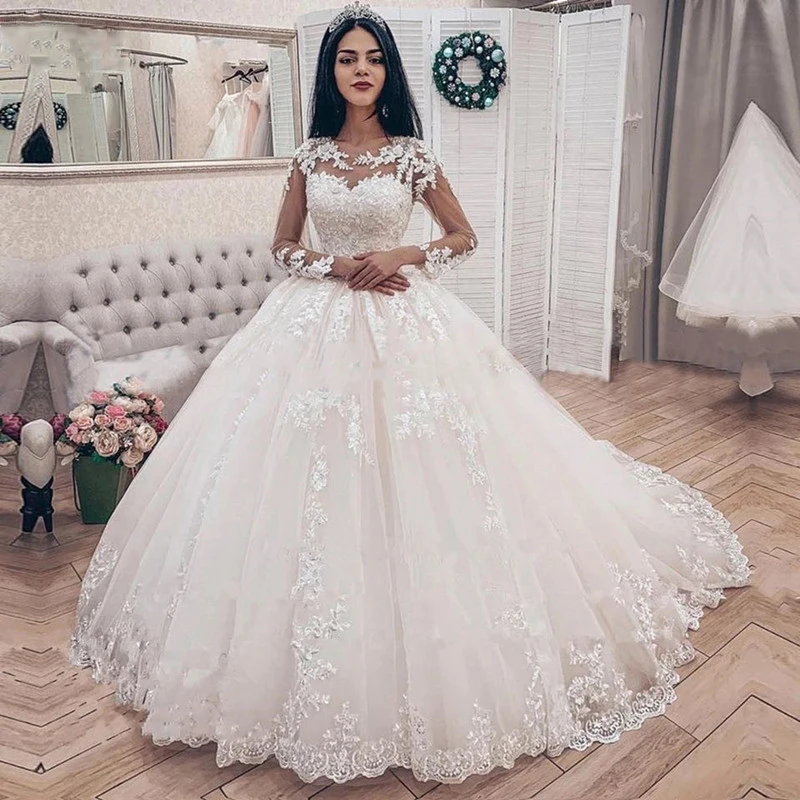 Elegant Lace Appliques Long Sleeves Ball Gown Wedding Dresses Bridal ...