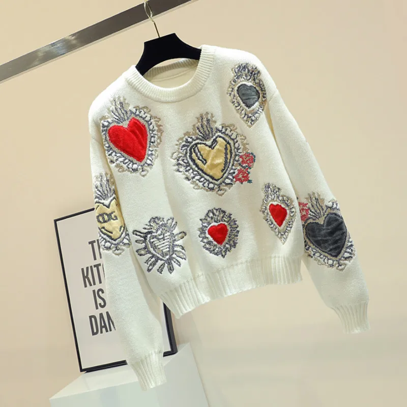 2020 Elegant Sweater Women Casual Fashion Warm Loose Sweaters and Pullovers Love Embroidery Knit Jumper Sueter Mujer Hot | Женская