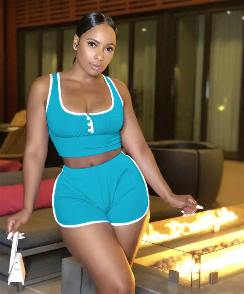 

CHRONSTYLE 2 Pieces Women Suit Sleeveless Tank Vest Crop Tops Bodycon Hgh Waist Biker Shorts Solid Stretch Shorts Pants Trousers