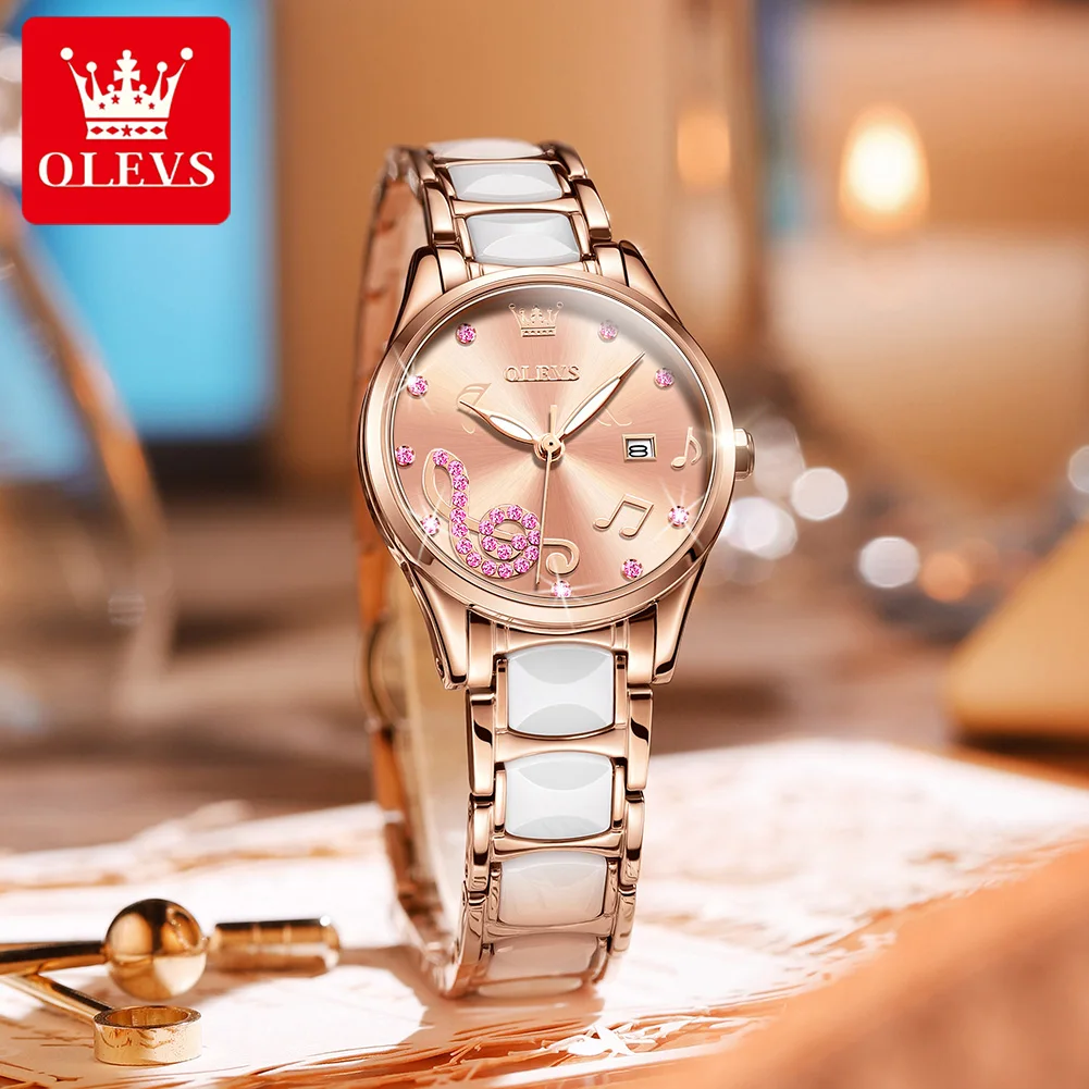 OLEVS Quartz Waterproof Stainless Steel and Ceramic Watchband Inlay Diamond Ladies Watch 3605