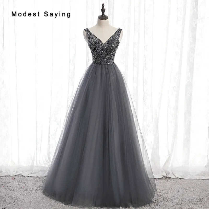 

Sexy Sheer Side A-Line Grey Crystal Evening Dresses 2020 Fashion Formal Women Long V Neck Party Prom Gowns Tulle robe de soiree