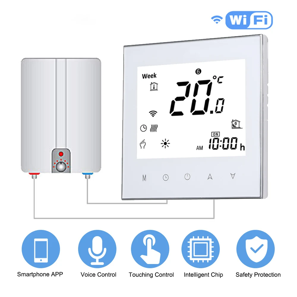 

Digital Water/Gas Boiler Heating Thermostat with WiFi Connection & Voice Control Energy Saving AC 95-240V 5A Touchscreen