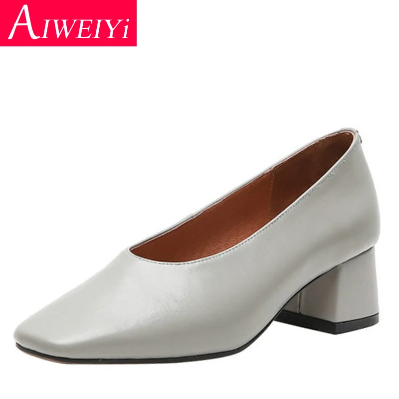 

Genuine Leather Pumps Women Square Toe Footwear Square Toe Shoes Female Fashion Chunky Heels Non-Slip Shoes Woman