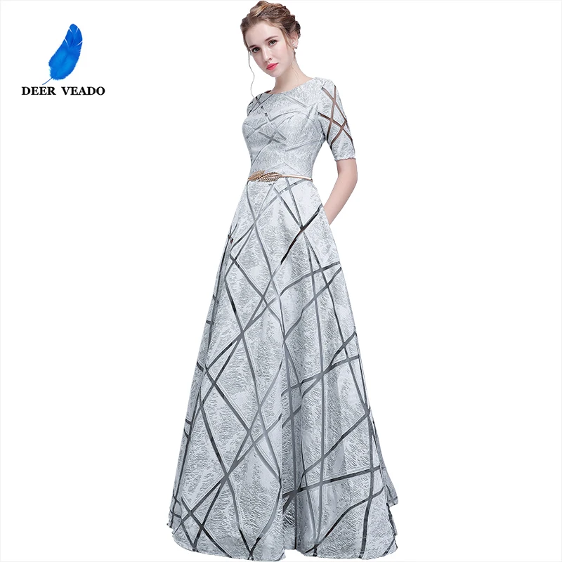 Женское длинное платье с поясом DEERVEADO YS406 вечернее коротким рукавом|long prom|designer prom
