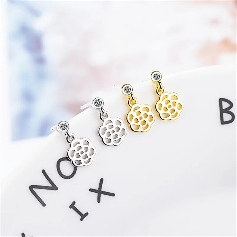 New Personality Rose Female Korean Style 925 Sterling Silver Jewelry Fashion Design Hollow Flower Crystal Stud Earrings SE800 |