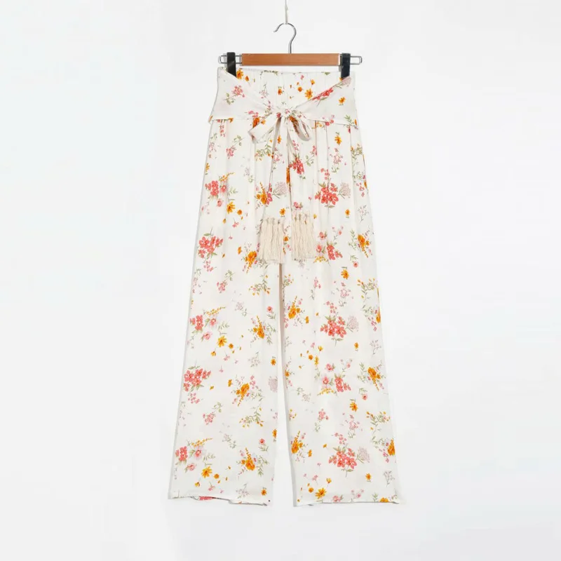 

EAYUCU Elegant Floral Print High Waist Wide Leg Pants Women 2020 Spring Summer Tie UP Bow Tassel Long Female Pants Trousers B300