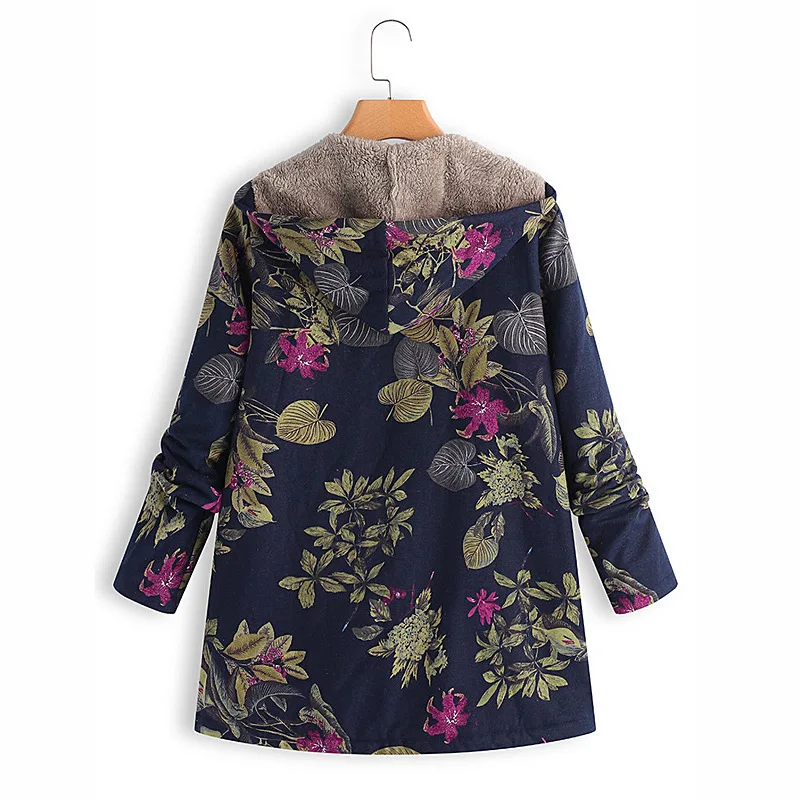 

RICORIT Women Jacket Coat Winter Warm Plush Floral Print Pocket Hooded Vintage Slim Coats Oversize Jackets