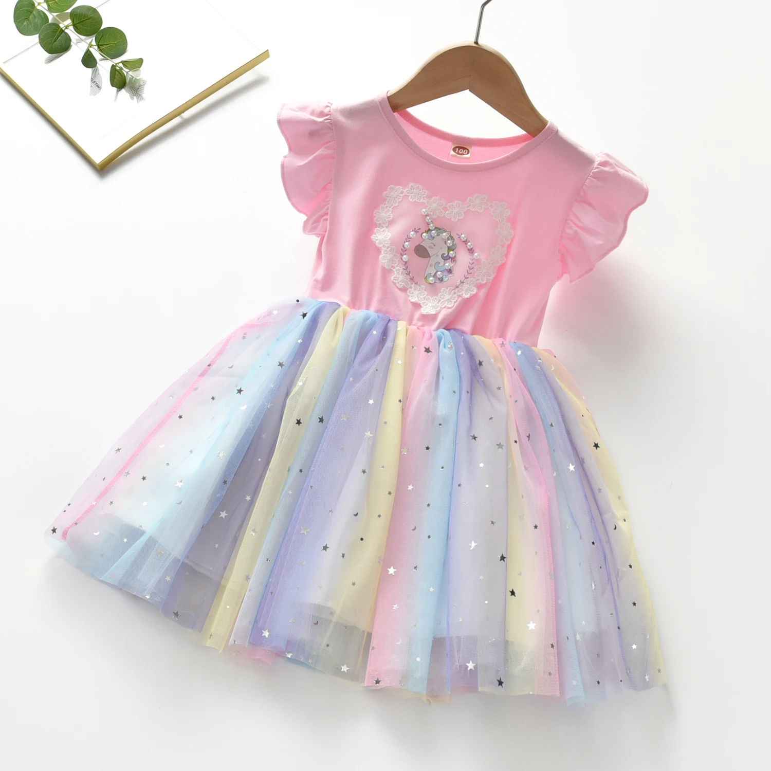 

Jargazol Summer Kids Dresses for Girls Cartoon Unicorn Rainbow Mesh Flying Sleeve Princess Dress Party Lace Cotume Vestidos