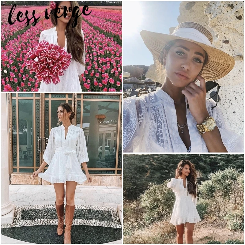 Женское кружевное платье с длинным рукавом белое Сетчатое Хлопковое v-образным