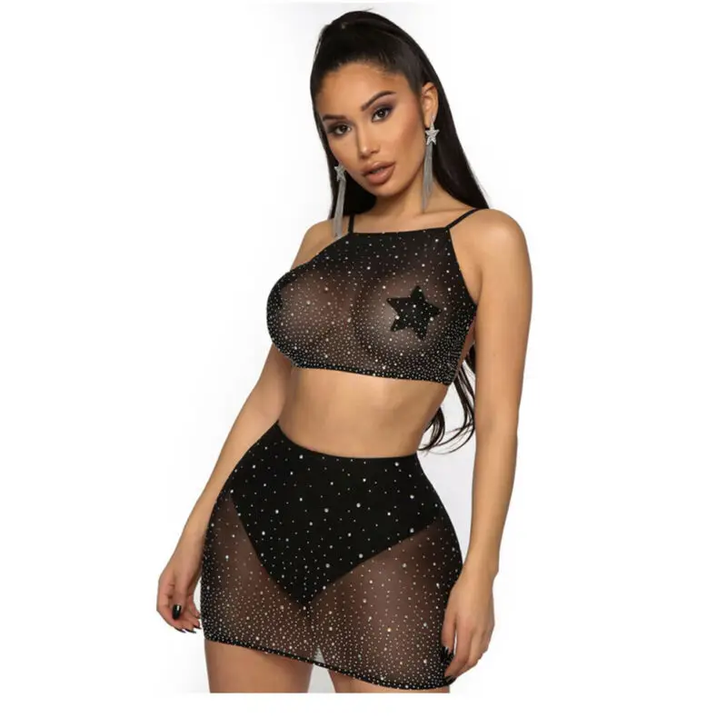 

2PCS Sexy Women Clothing Sequin Mesh Bodycon Crop Tops Party Evening Skirt Set /BY