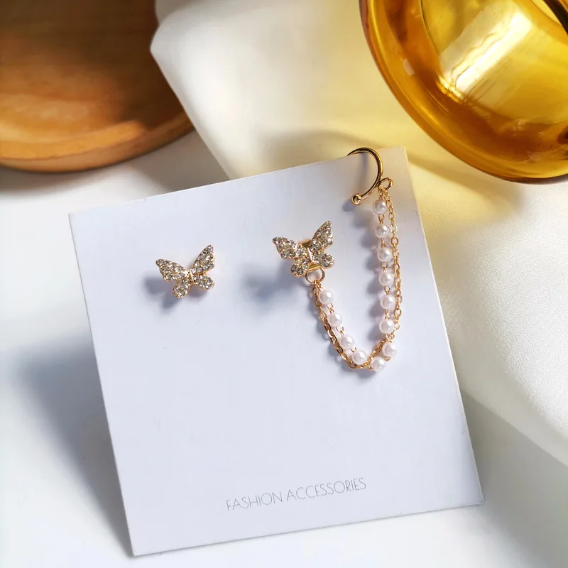 

Trendy Butterfly Earrings Creative Asymmetric Pearl Chain Ear Clip Sweet Earrings for women Accessories Fashion Jewelry