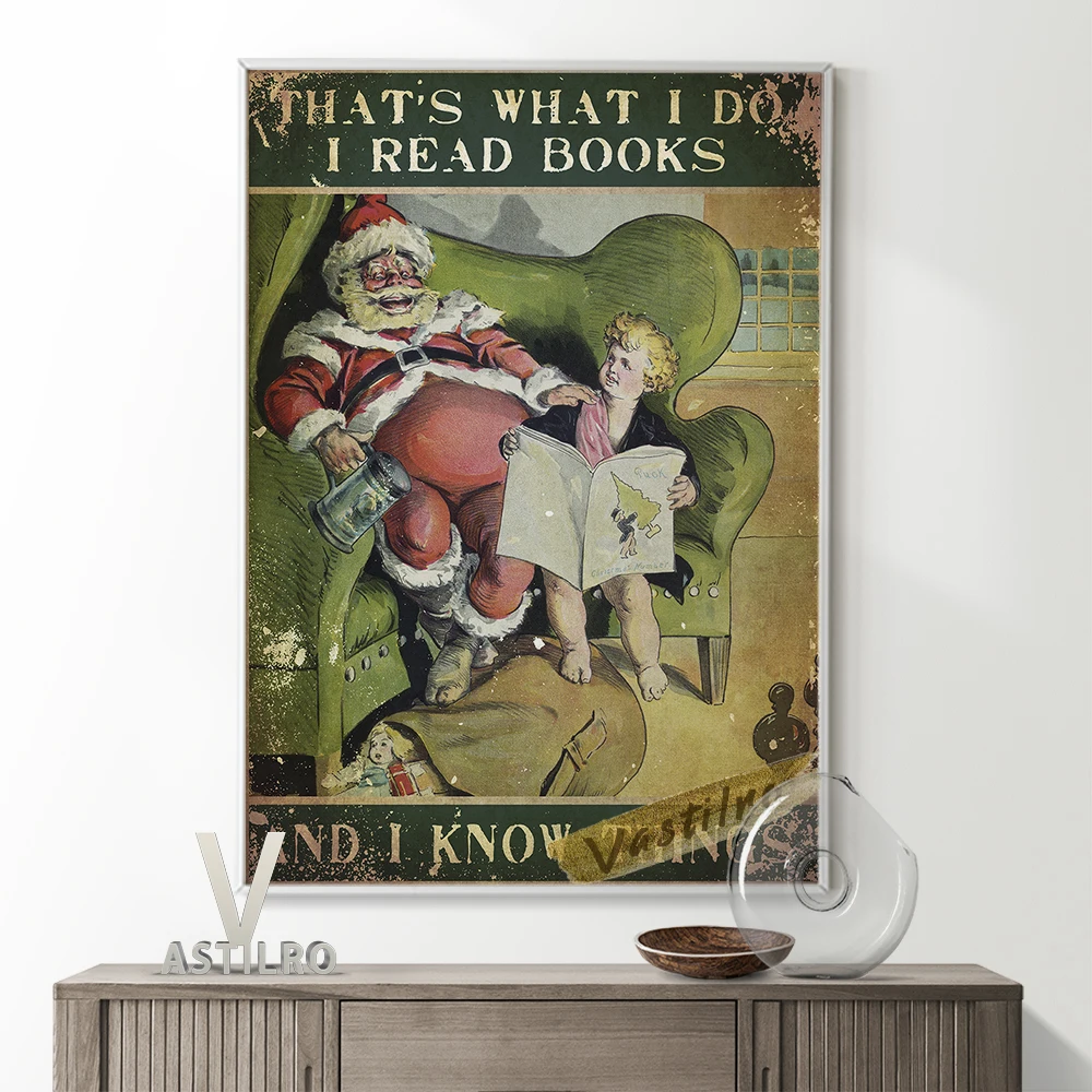 

Read Books Girl Retro Poster Father Christmas Canvas Painting Art Print Quirky Housewarming Gift Bedroom Home Decor Wall Picture