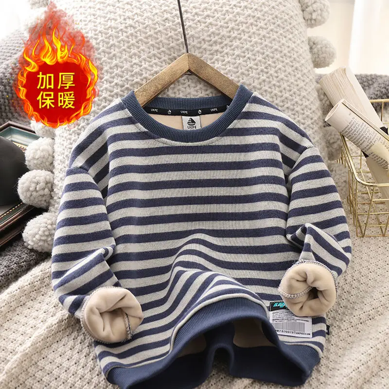 Boys' Fleece-Lined Sweater New Children's Stripe Thickening Warm Medium and Big Children's Boy Bottoming Shirt Long-Sleeved Top