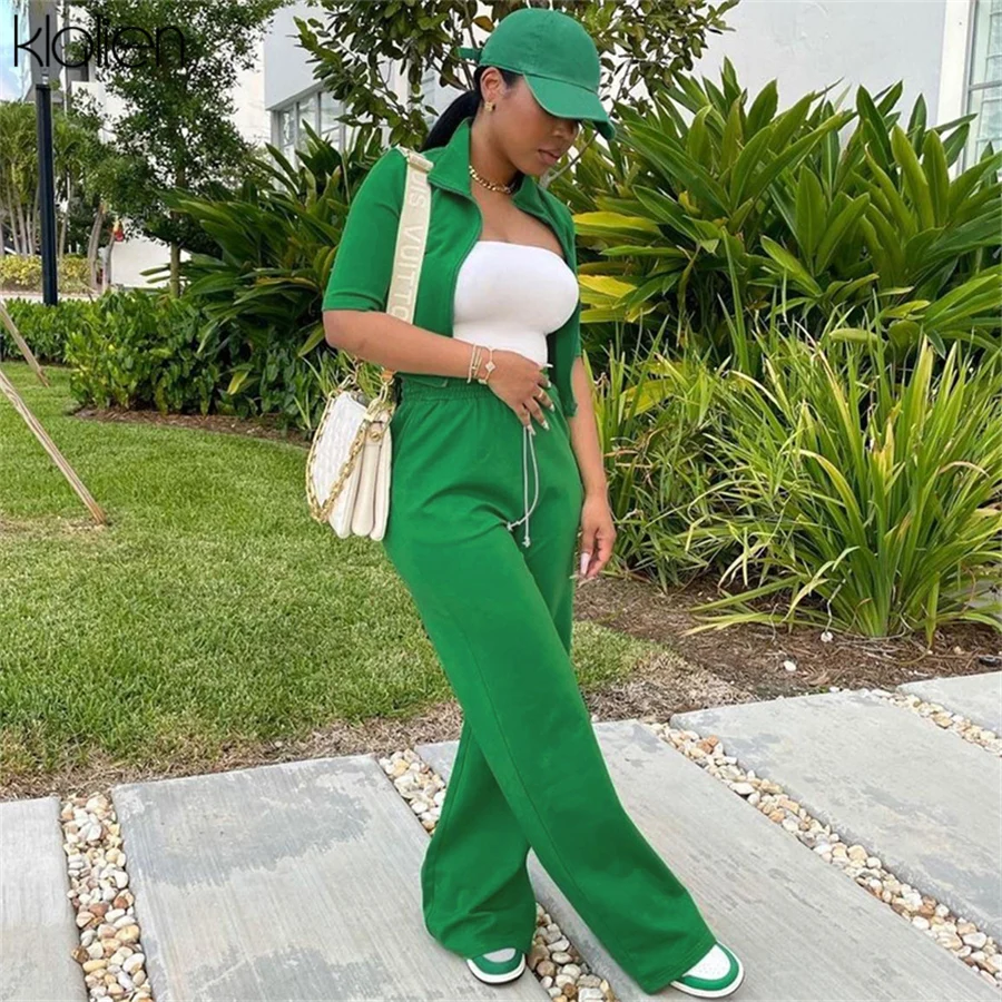 

KLALIEN Fashion Casual Solid Slim Two Piece Set For Women 2021 New Simple Wild Basic Street Activewear Female Fitness Tracksuit