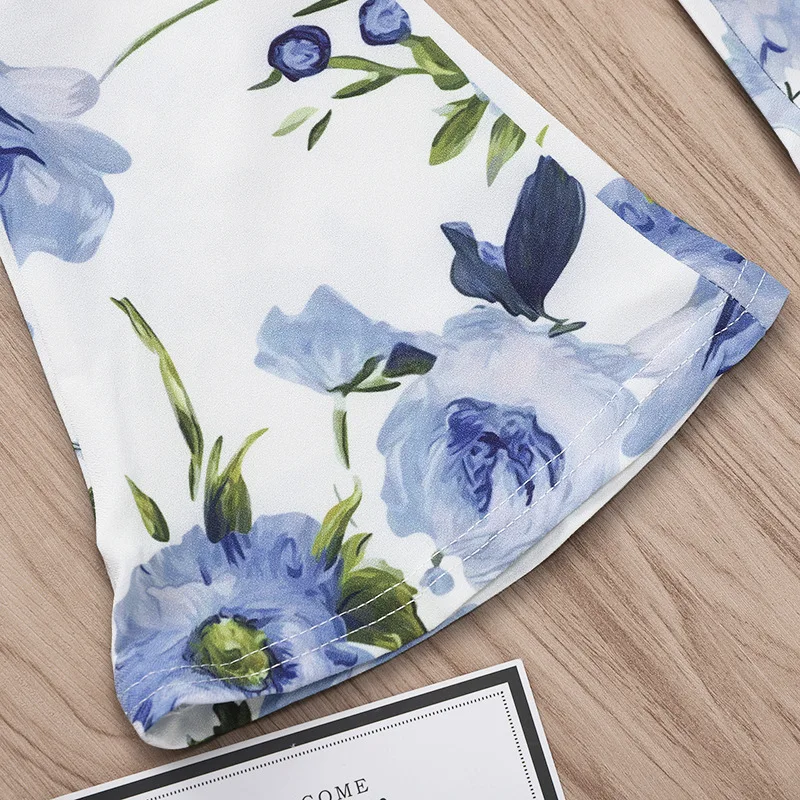 Детские синие цветочные расклешенные брюки для девочек детские штаны с оборками