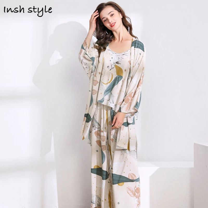 

3PC Women's Pajamas Suit Female Pyjama Loose Viscose Floral Printed Sleepwear Star Nightwear Spring Summer Robe