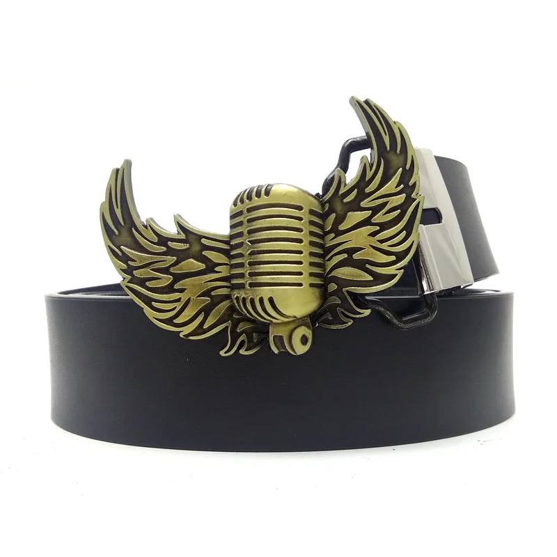 Western Cowboy Black Men Belts with Pop Rock Microphone Wings Metal Buckle Fashion Male Accessories Unique Christmas Gifts