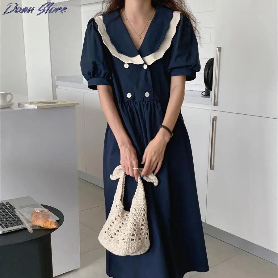 

Spring Autumn Korean Daily Women's Clothing Doll Collar Puff Sleeve Color-Hit High Waist Loose Midi Dress French Sweet Dress