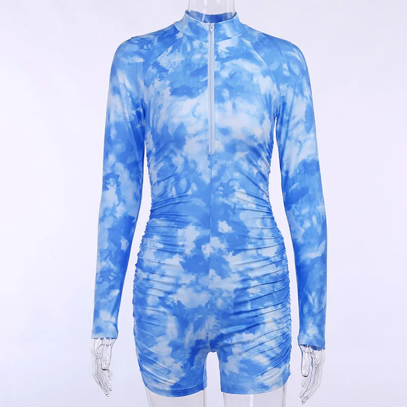 

Plus Size Tie Dye Print Zipper Neck Up Playsuit Women Long Sleeve Slim Mock Neck Ruched Sexy Rompers Lady Bodycon Fitness Blue