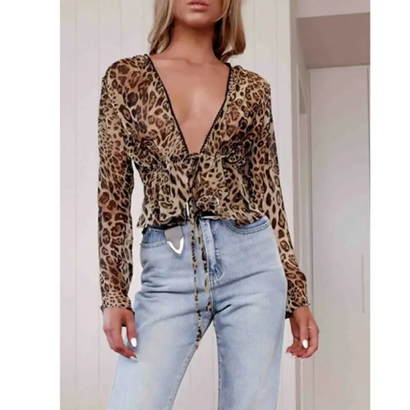 Женские леопардовые Топы с длинным рукавом тонкие прозрачные повседневные