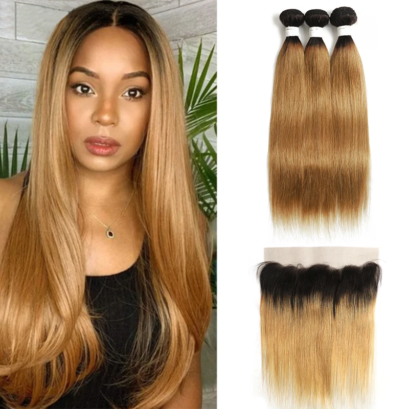 

T1B/27 Ombre Blonde Bundles With Frontal 13x4 SOKU Brazilian Straight Human Hair Weave Bundles With Closure Non-Remy Hair Weave