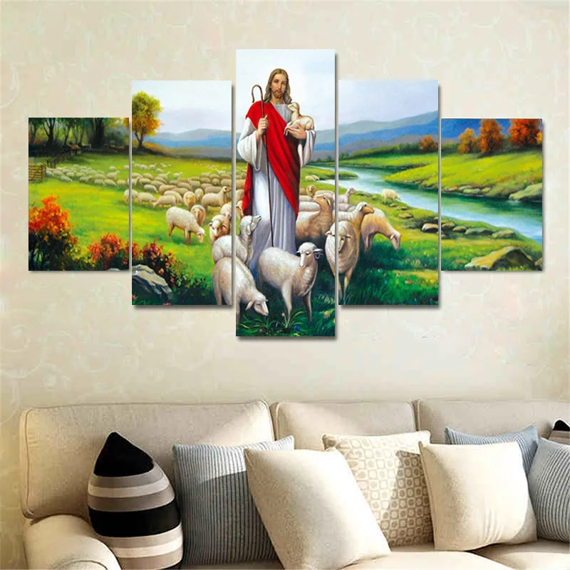 

Jesus' Sheep Poster 5 Piece Canvas Wall Arts Modular Christian Faith Prints Living Room Bedroom Home Decor Painting Calligraphy