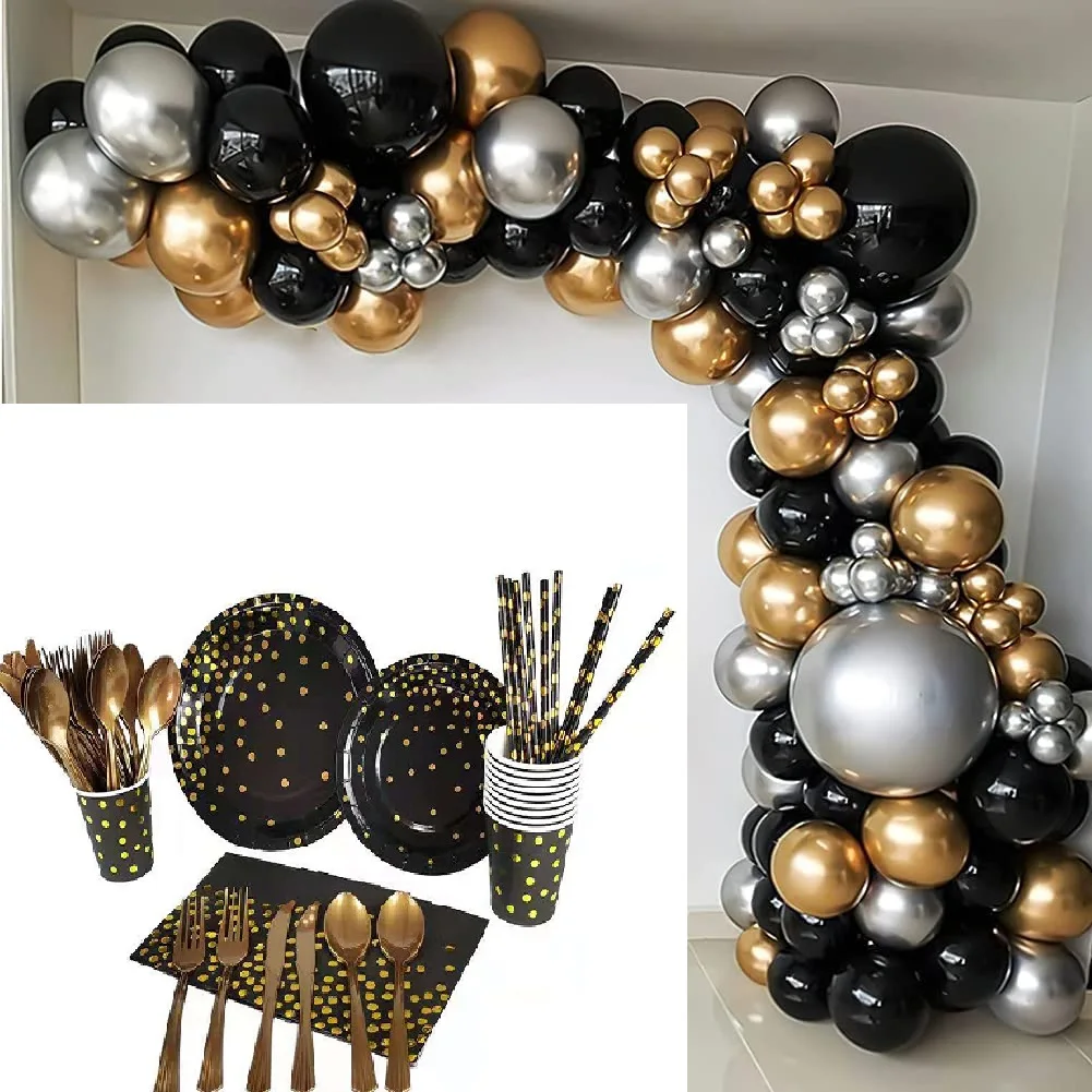 

Black gold party disposable tableware set birthday party decoration paper cup tray baby shower balloon decoration