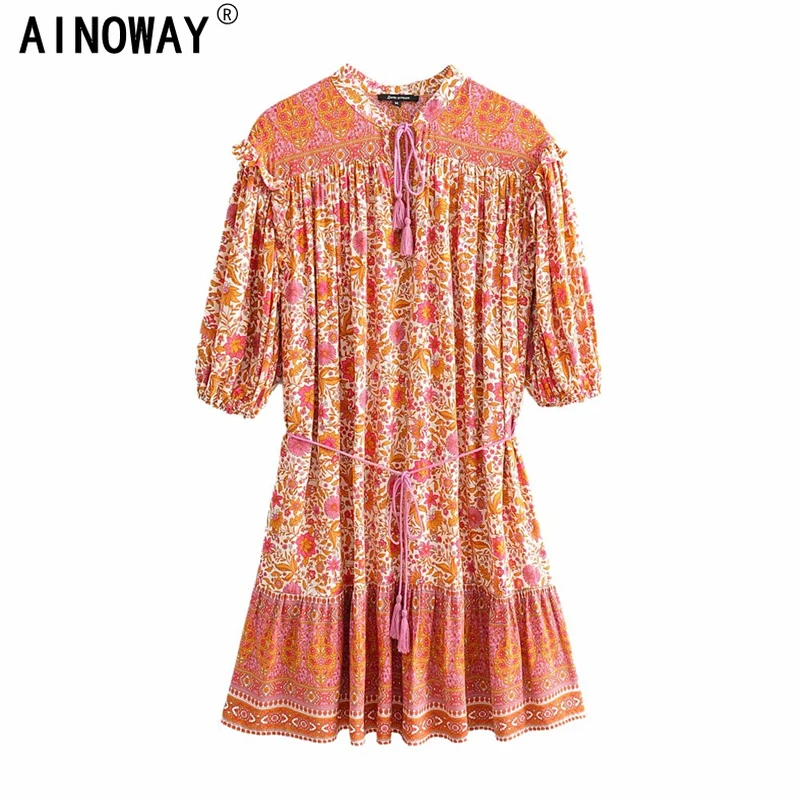 Винтажное шикарное женское пляжное богемное свободное мини-платье на шнуровке с