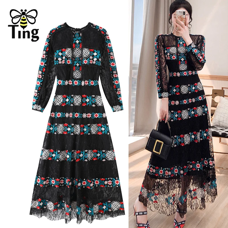 Дизайнерское кружевное длинное вечернее платье миди Tingfly с цветочной вышивкой