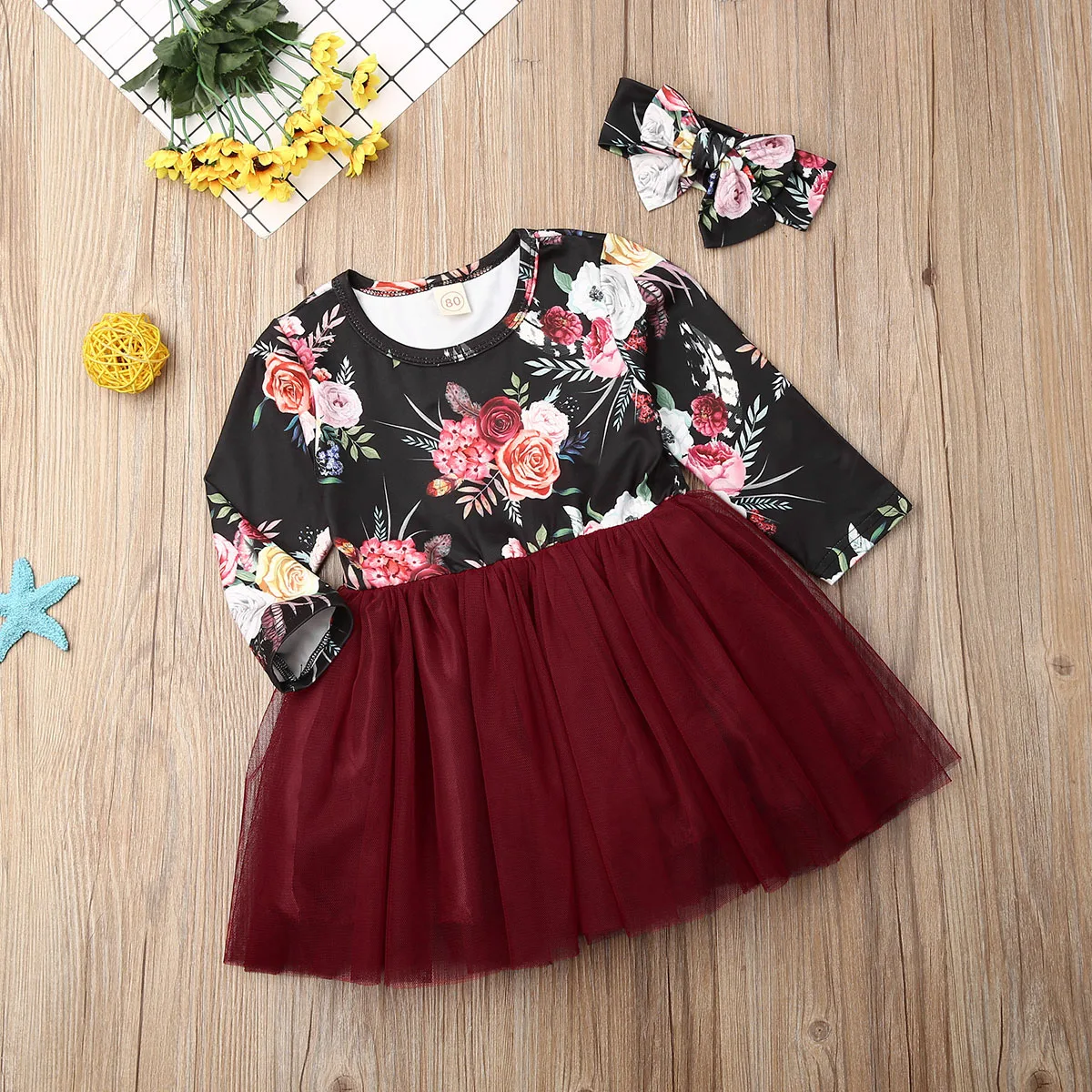 Платье для девочек 2019 платье маленьких с цветами принцессы длинным рукавом