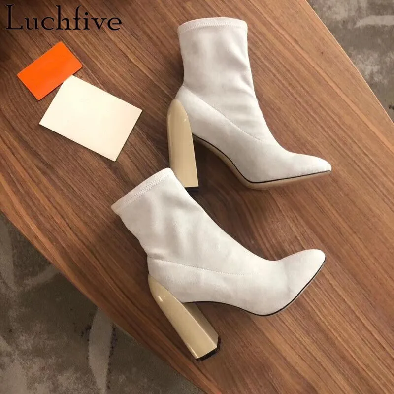 Модные женские ботинки на высоком каблуке женская обувь с острым носком бежевые