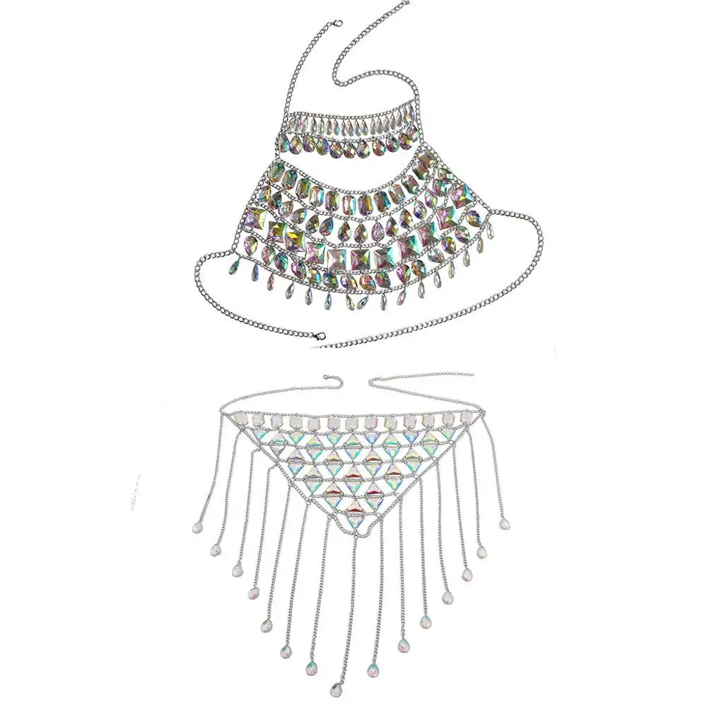 

2020 European and American fashion chain inlaid with crystal, rose gold super shiny, hollow sexy suit, nightclub performance jew