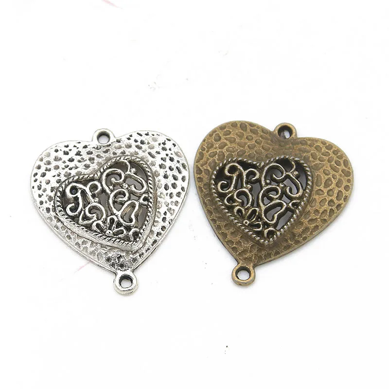 

6 шт. 2 цвета 30*35 мм Ретро Сплав Цинка Полые двойные сердца Резные очаровательные разъемы Linker для DIY Подвески Ювелирные аксессуары