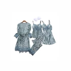 Зимний бархатный пижамный комплект в полоску для женщин, мягкая безвредная для кожи Пижама, 4 предмета, кружевная ночная рубашка, штаны, Костюм Пижама, домашняя одежда