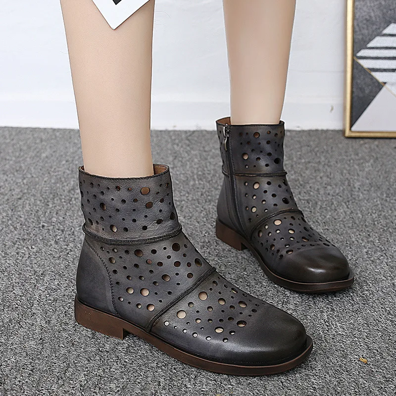 

2021 spring new national style leather hollow out flat heel side zipper boots Knight boots Martin boots