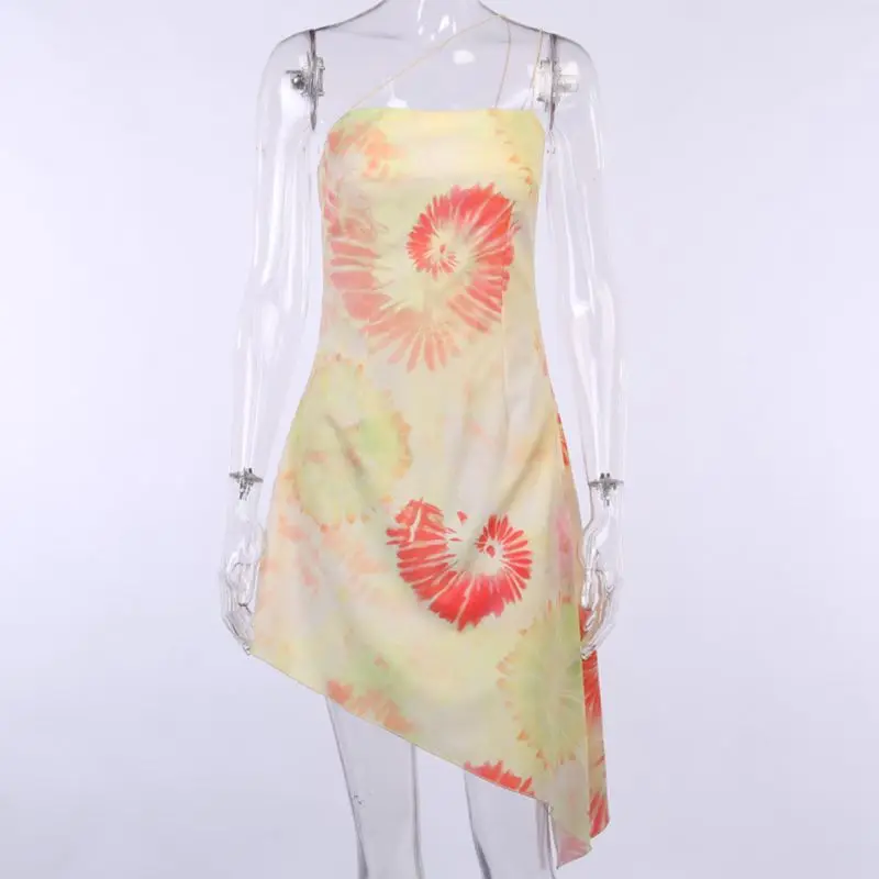 

Women Summer Irregular Spaghetti Strap Midi Sling Dress Tie-Dye Spiral Printed Sexy Off Shoulder Backless Asymmetric Beach Sundr