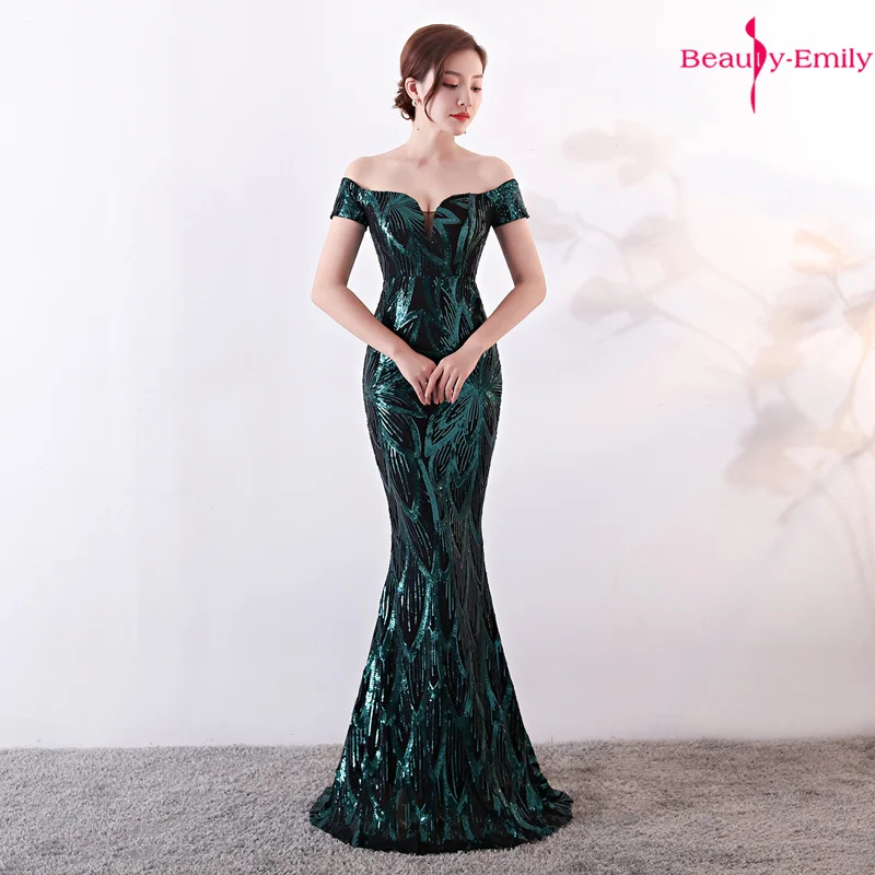 

Beauty Emily Off The Shoulder V Neck Evening Dress Long 2019 Sequins Appliques Sexy Mermaid Formal Party Gowns Vestido de noche