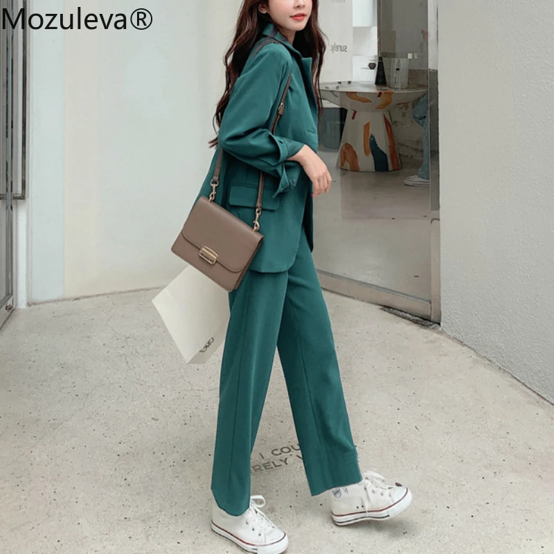 Mozuleva 2020 Notch Collar Single-button Women Slim OL Blazer&ampHigh Waist Pockets Straight Suit Pants Two Pieces Business Suits | Женская