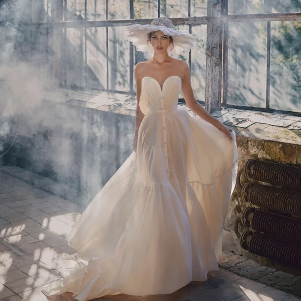 

Strapless Chiffon Wedding Dresses 2021 Beaded A-Line Formal Dress Boho Wedding Gown Pleat Sweetheart Bridle Dress robe de mariée