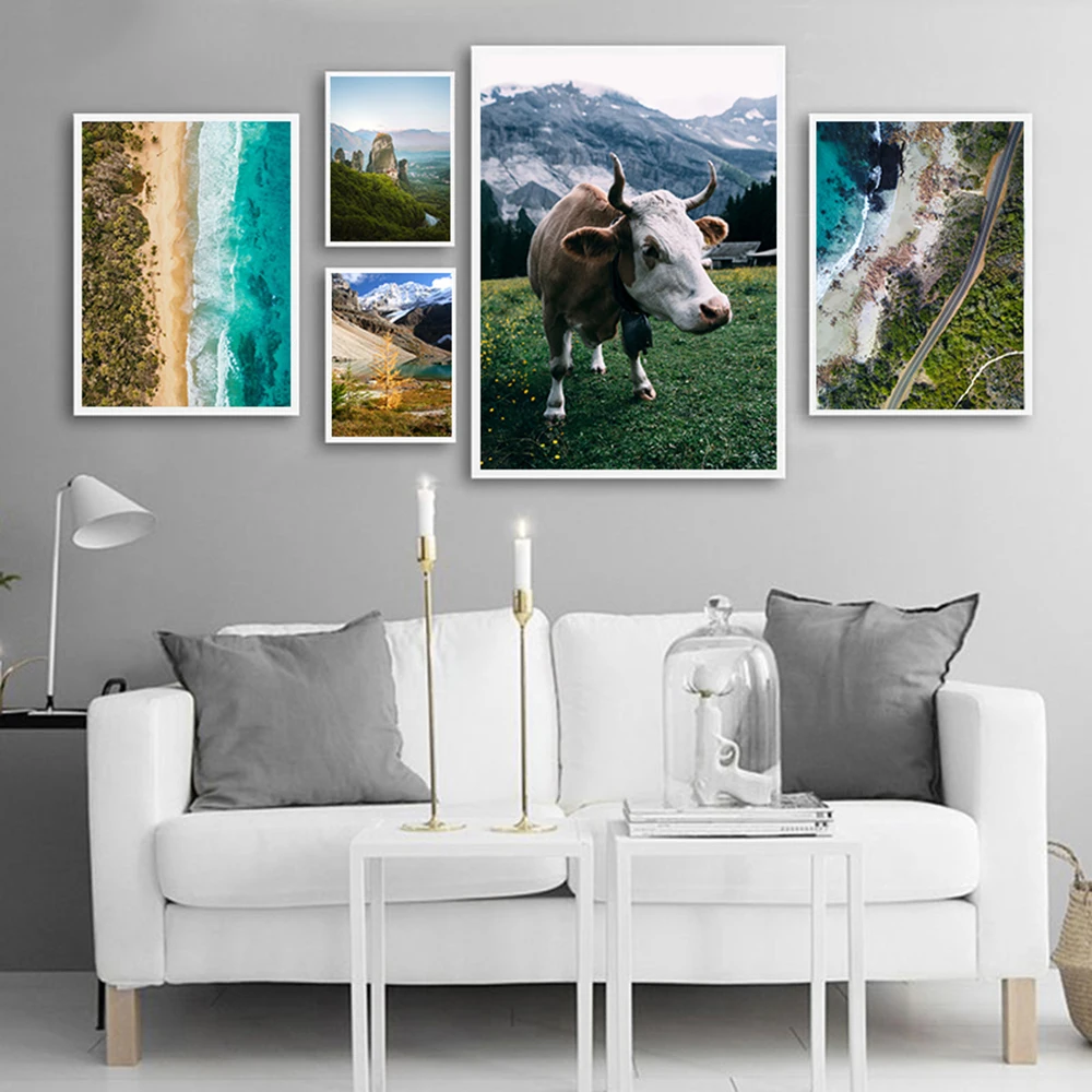 Морской пейзаж скандинавский стиль плакат Холст Картина Корова печать