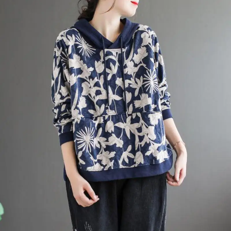 

Harajuku Autumn New Loose Long Sleeve All-match Women Fashion Tops clothes Korean Retro Print Hooded Pullovers Sweatshirt 2021