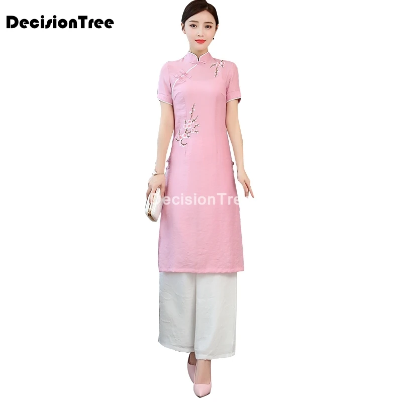 

2021 Женский цветочный принт cheongsam vietnam aodai традиционный Улучшенный aodai qipao топ + штаны комплект Китайские комплекты восточное платье