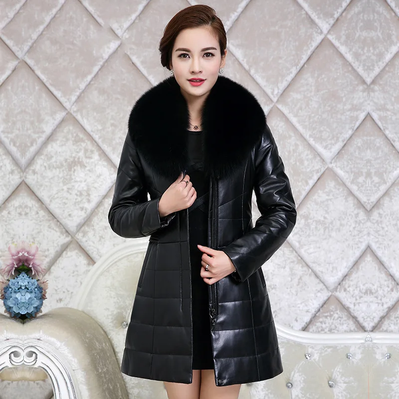 Genuine Leather Women's Fall/winter Mid-length Plus Size Fashion Warmth Slim Fit Sheep Collar Fur Down Jacket Full Office Lady