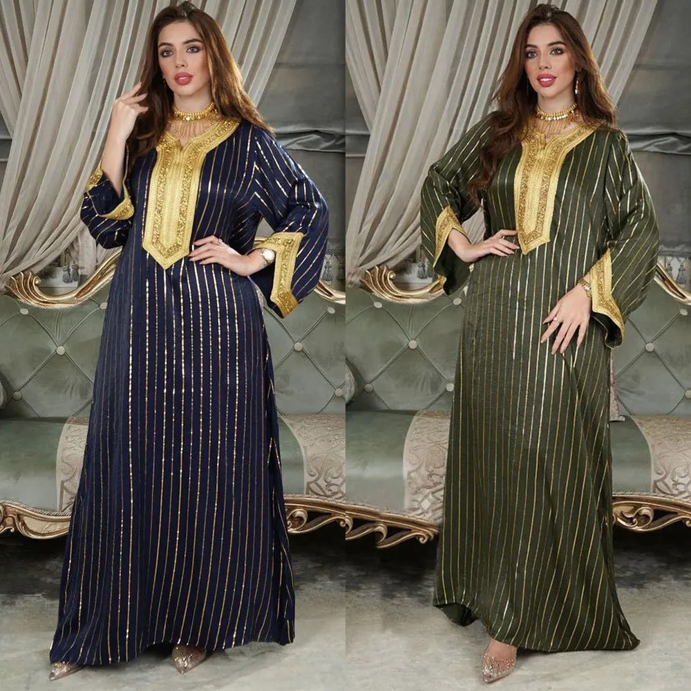 Женское платье макси с длинными рукавами, элегантное арабское платье составного кроя с золотыми краями и бусинами, с V-образным вырезом, в му...