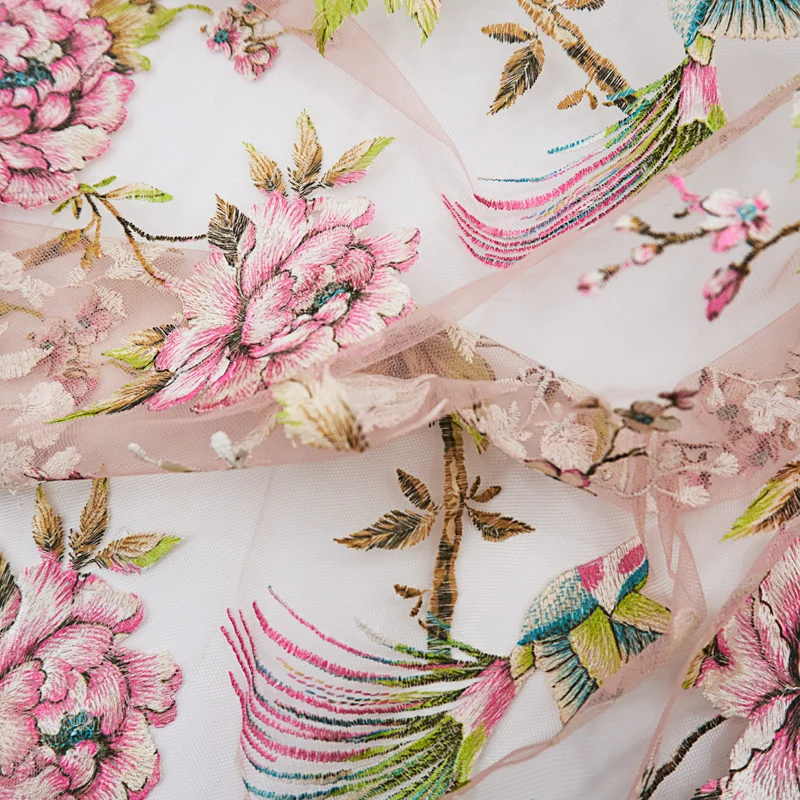 Pink Bottom Birds Mesh Embroidery Lace Fabric For Dress Tissu Telas Por Metro African Tissus Tela Stoffen