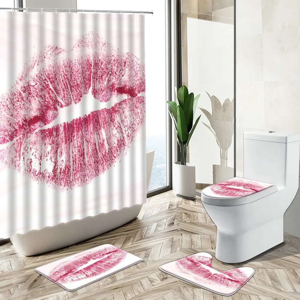 Online Love Kiss Red Lip Print Tenda Da Doccia Fashion Girl Decorazione Del Bagno Tappeto Antiscivolo Coperchio Del Coperchio Del Water Flanella Tappetino Da Bagno Set Regalo